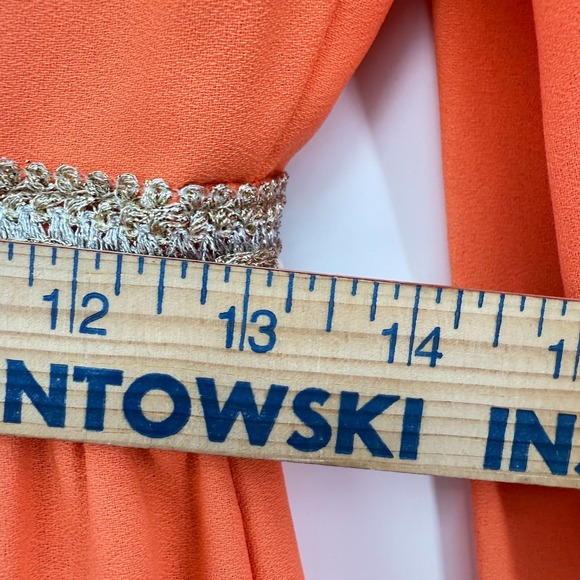 Vintage 60s Coral Highlighter Neon Babydoll‎ Mini Dress Gold White Woven Trim - Picture 13 of 15